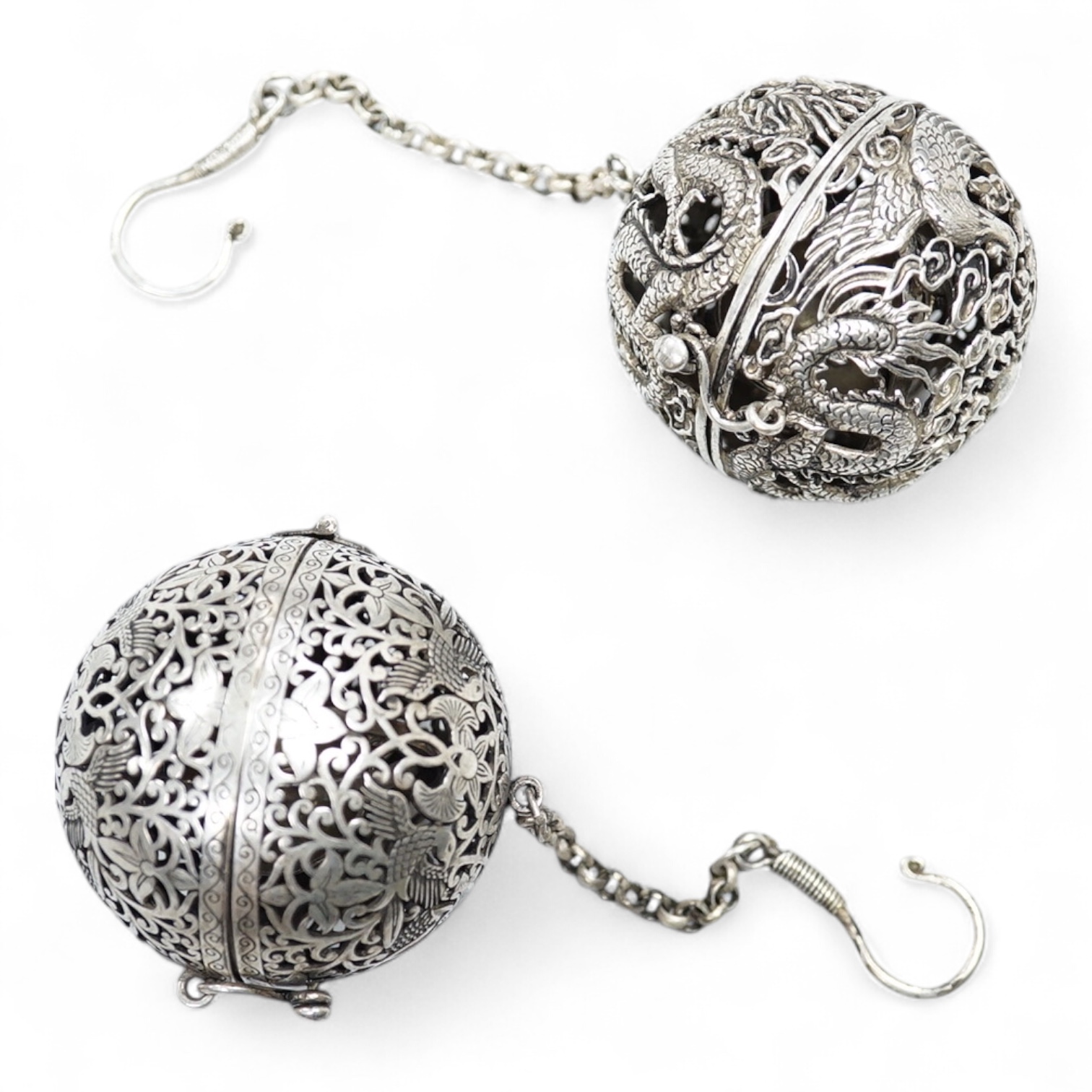 Two Chinese white metal pomanders